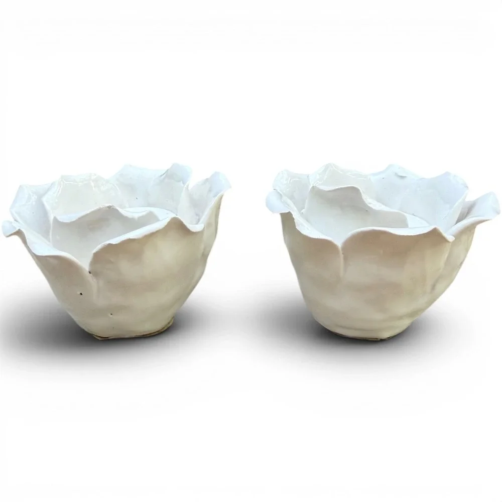 Tea Light Candle Holder Set White Ceramic Rose Vintage Floral Shabby Chic Decor
